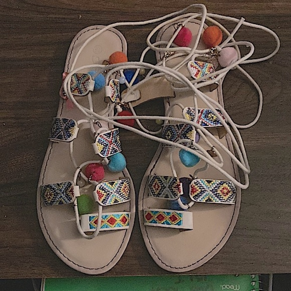 Forever lace up rainbow gladiator sandals.